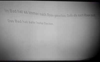 Schwarzweiß-Foto. Dunkelgraue Schrift erscheint verzerrt auf hellgrauem Hintergrund: Im Bad hat es immer nach Rose gerochen, Seife die nach Rose roch / Das Bad hat seht hohe Decken.