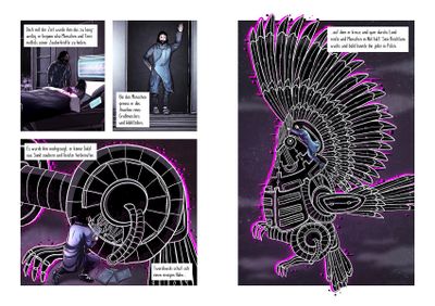 Doppelseite eines Comics. Mann in futuristischem Anzug arbeitet an einer riesigen Maschine in Form eines Vogels