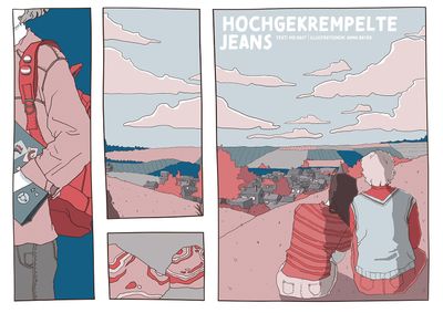 Illustration zeigt zwei junge Menschen in einer Landschaft in vier Panels. Überschrift 'Hochgekrempelte jeans'