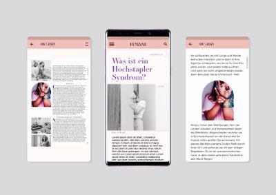 Drei App-Screenshots im Smartphone-Format. Verschiedene Artikel-Layouts mit Fotos und Fließtext. In der Mitte Titel in lila Serifenschrift: Was ist ein hochstapler Syndrom?