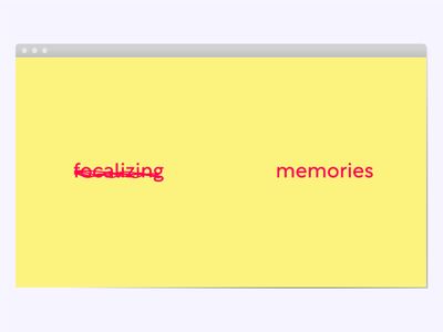 Screenshot einer Website. Auf hellgelbem Grund die Wörter 'focalizing' und 'memories' in Rot. 'focalizing' ist durchgestrichen.