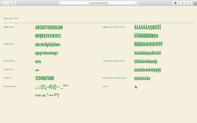 Screenshot einer Website. Auf beigem Grund sind Groß- und Kleinbuchstaben, Sonderzeichen, und Buchstaben mit verschiedenen Akzenten in grüner Schrift aufgelistet - ein Schriftmuster.