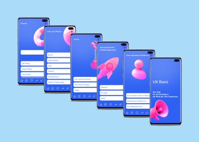 Rendering von 6 Smartphones auf hellblauem Grund. Bildschirme zeigen verschiedene Ansichten einer App, Hintergrund tiefblau mit pinken Illustrationen und weiß hinterlegten Menüpunkten.