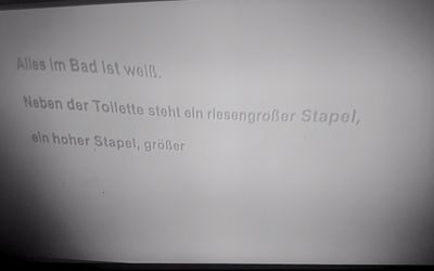 Dunkelgraue Schrift verzerrt auf hellgrauem Grund_ Alles im Bad ist weiß / Neben der Toilette steht ein riesengeoßer Stapel / ein hohel Stapel, größer