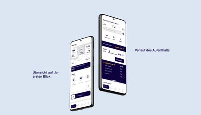 Zwei Smartphones zeigen verschiedene Ansichten der selben App. Auf beiden Seiten in blauer Schrift: Übersich auf den ersten Blick / Verlauf des Aufenthalts