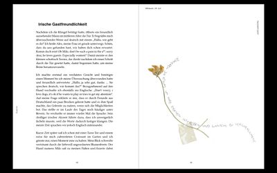 Aufgeschlagenes Buch. Lnks Fließtext, rechts Zeichnung mit einer gelben Blume und Handschrift