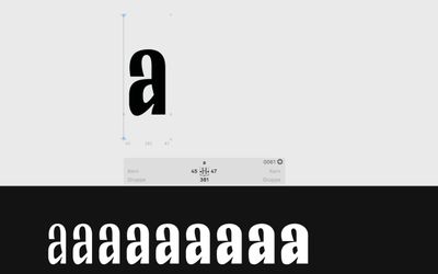 Screenshot von Schriftgestaltungs-Software (Glyphs). Im oberen Teil ist ein kleines a mit verschiedenen Kontroll-Parametern zu sehen. Darunter das selbe a in verschiedenen Schnitten, von leicht bis fett.