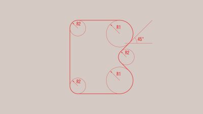 Konstruktionszeichnung eines abgerundeten Bauteils. Verschiedene Radii sind mit R1 und R2 bezeichnet.