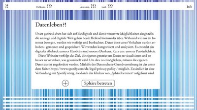 Screenshot einer Website. Im Hintergrund hunderte vertikale, blaue linien in unregelmäßigen Abständen. Eine Navigationsleiste und ein Absatz mit Überschrift: Datenleben?! sind in weißen Kästen überlagert