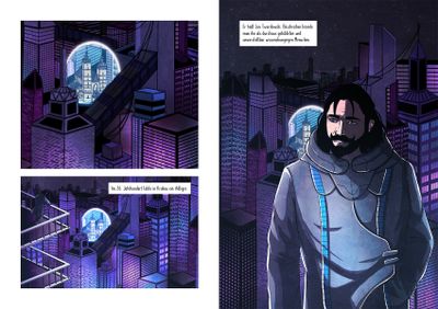 Doppelseite eines Comics. Drei Panels zeigen Hochhäuser bei Nacht und einen Mann in einem futuristischen, silbernen Anzug.