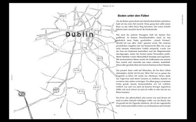 Aufgeschlagenes Buch. Links ein Stadtplan von Dublin, rechts Fließtext